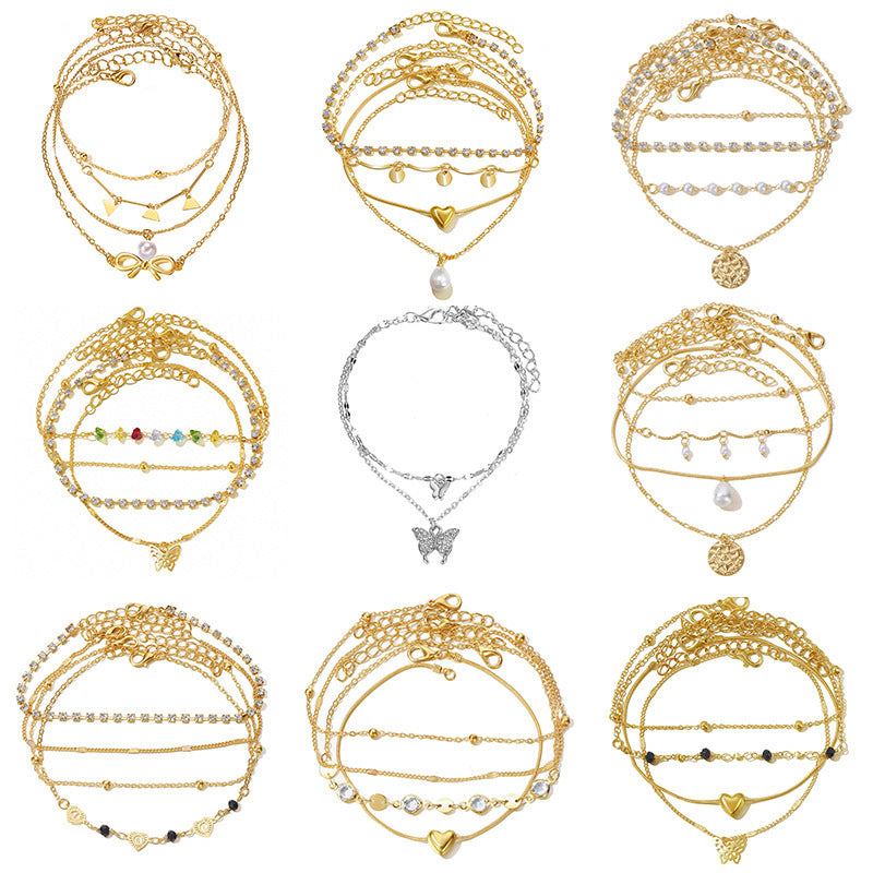 Personality Retro Love Butterfly Pearl Chain Multi-layer Anklet Set Of Ornaments