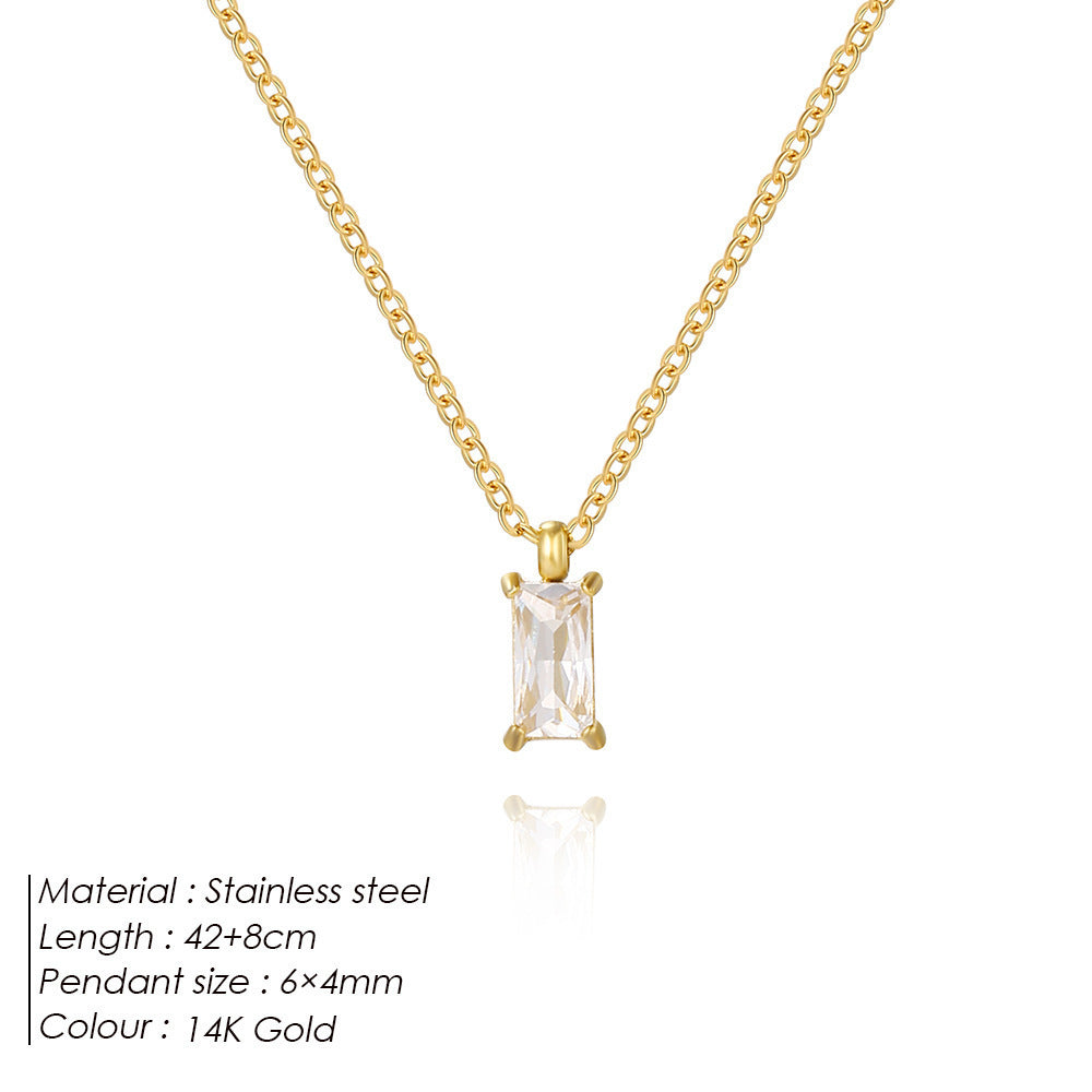 Stainless Steel Mini Square Zircon Pendant Necklace