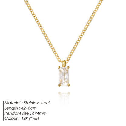 Stainless Steel Mini Square Zircon Pendant Necklace