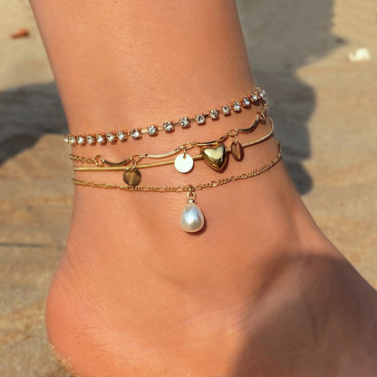 Personality Retro Love Butterfly Pearl Chain Multi-layer Anklet Set Of Ornaments