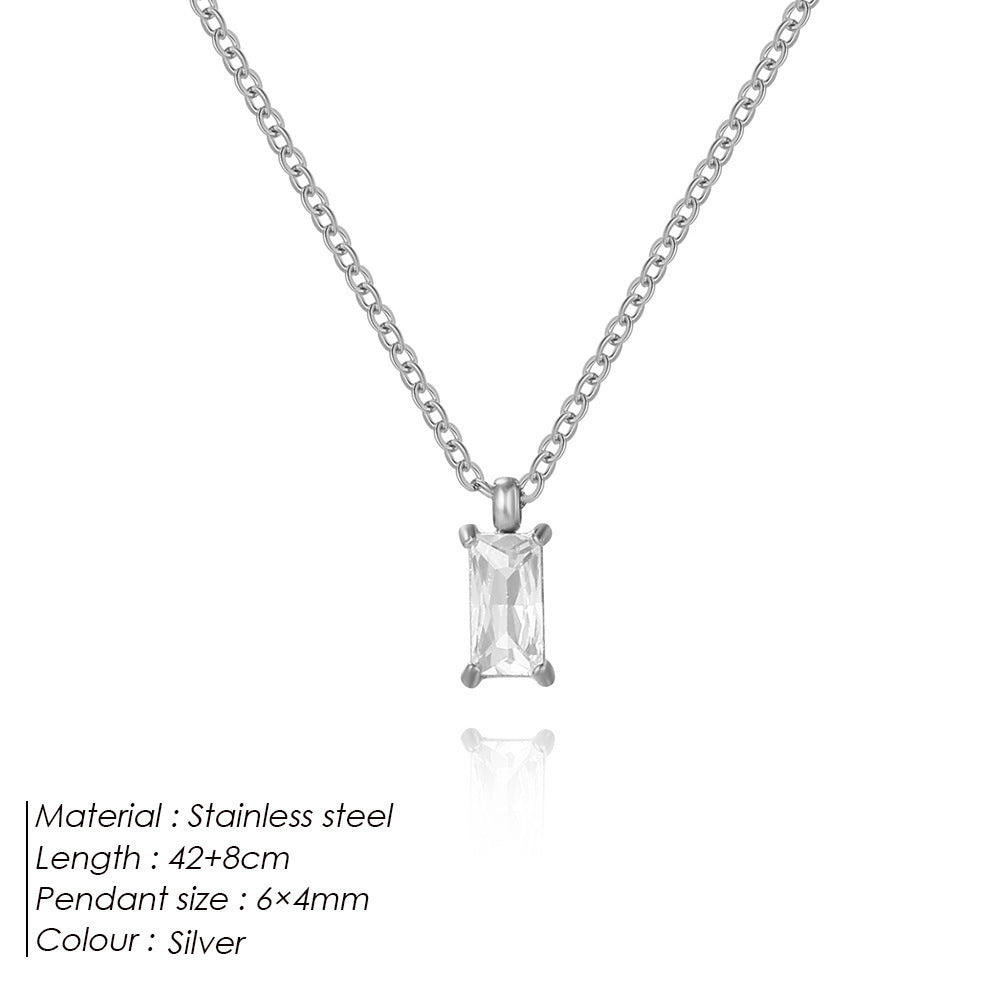 Stainless Steel Mini Square Zircon Pendant Necklace