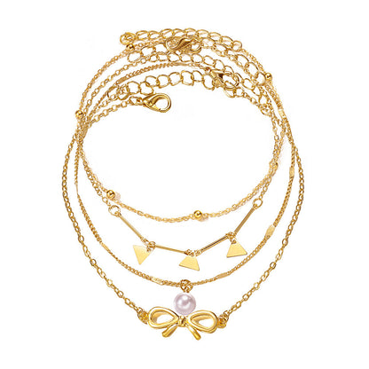 Personality Retro Love Butterfly Pearl Chain Multi-layer Anklet Set Of Ornaments